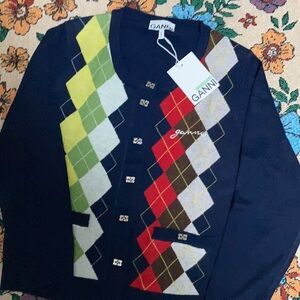 Women’s Ganni argyle Print cardigan size Medium 
Like New
